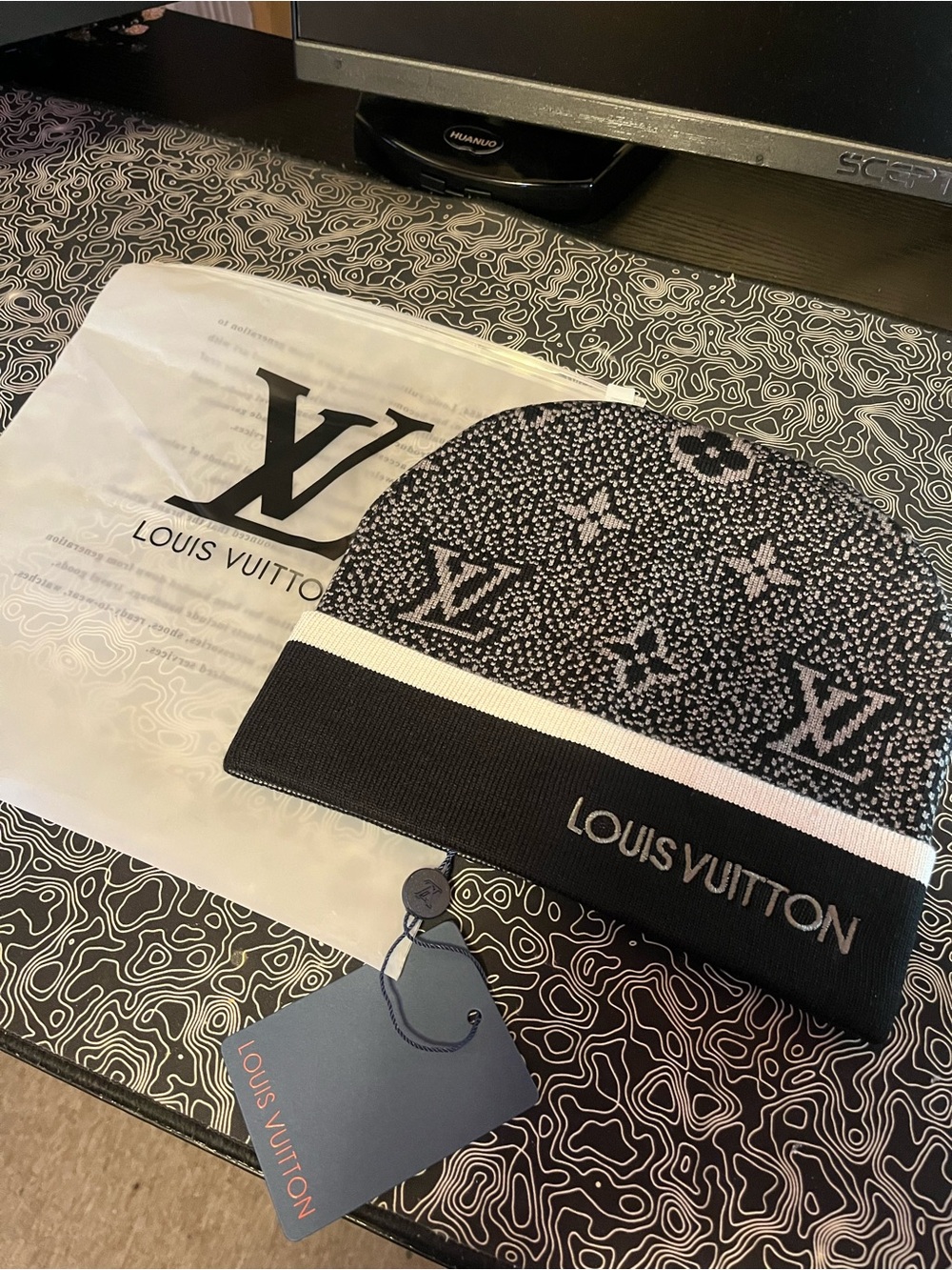 Louis Vuitton Black & White Monogram Knit Beanie